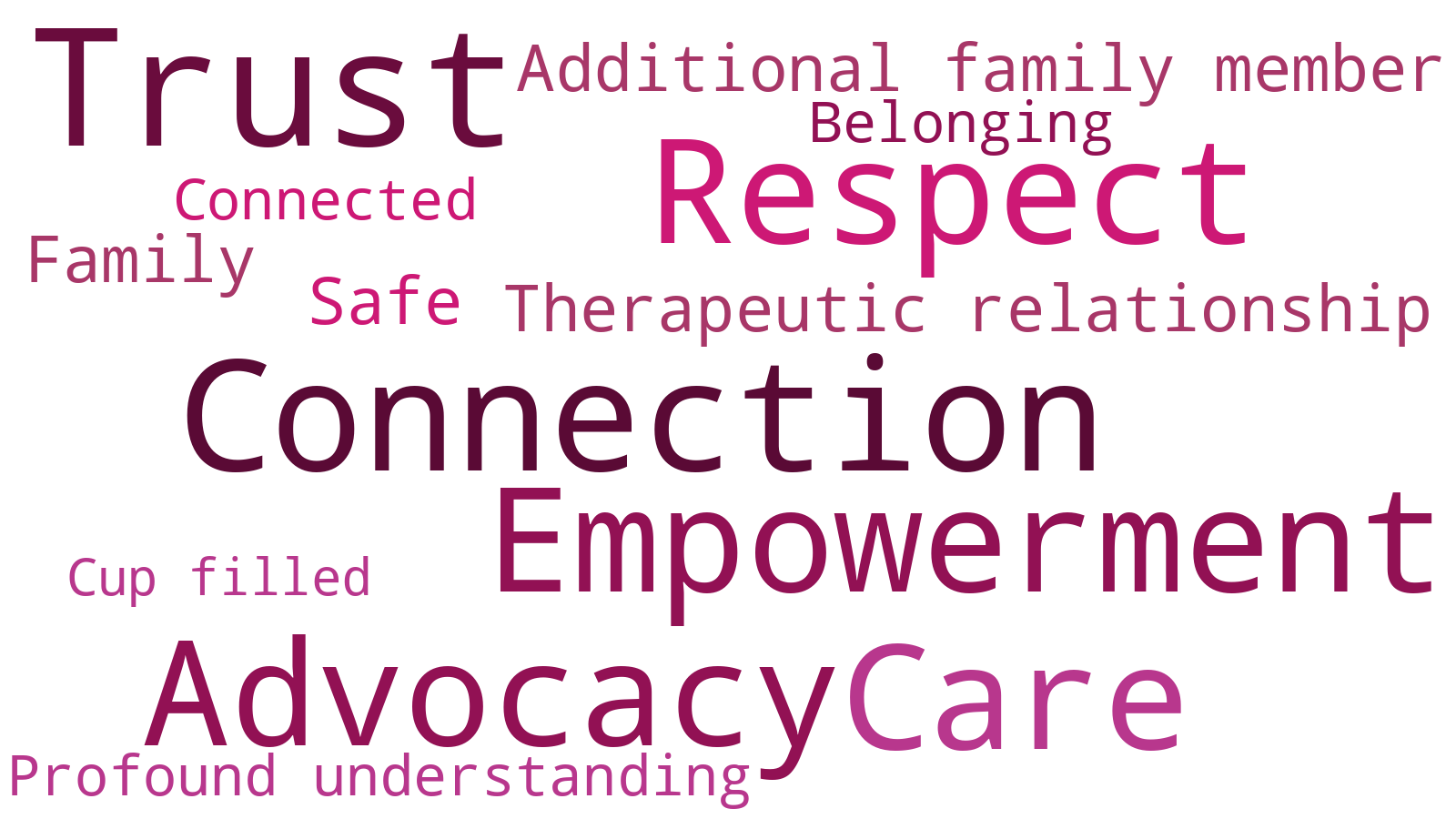 Word cloud of themes from family feedback: trust, respect, connection, care, empowerment, advocacy, additional family member.