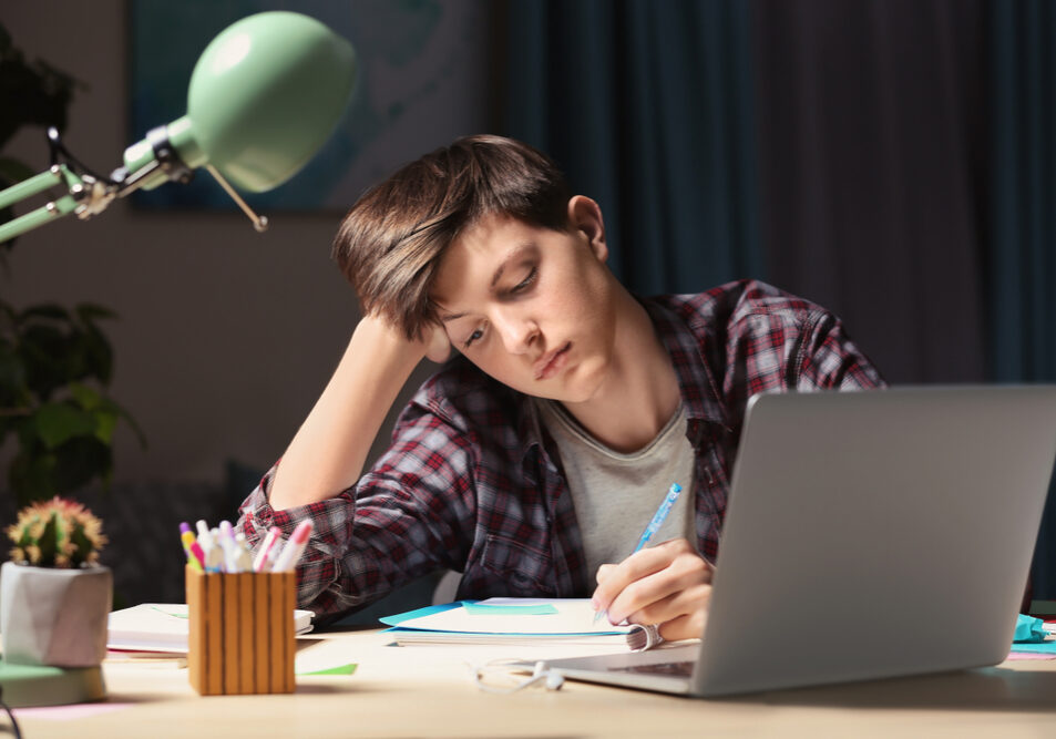 Teenager,Doing,Homework,At,Table,In,Evening